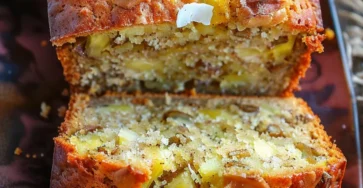 Cake moelleux à la banane, noix de coco et ananas, tranché sur une planche en bois avec miettes dorées