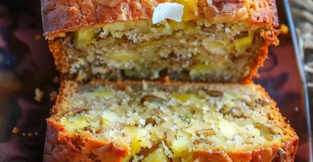 Cake moelleux à la banane, noix de coco et ananas, tranché sur une planche en bois avec miettes dorées