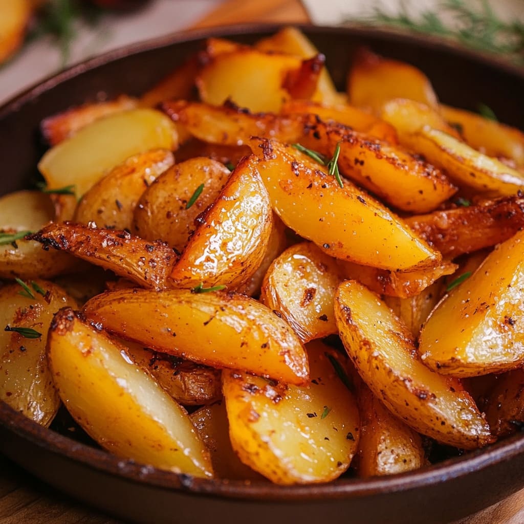 Pommes de terre coupées en quartiers, rôties au four avec herbes aromatiques, présentation soignée dans un plat en céramique rustique.