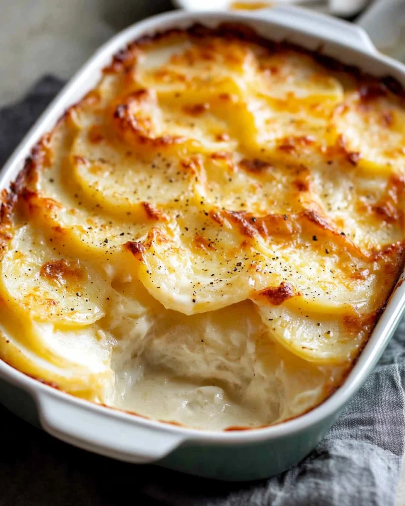 Gratin dauphinois crémeux dans un plat en céramique, texture fondante à l’intérieur, croûte de fromage dorée, cuisine française traditionnelle.