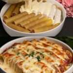 Étapes de la recette de cannelloni au bœuf avec sauce mozzarella : enrobage de cannelloni crus et vue finale d’un gratin doré au fromage fondu, servi dans un plat blanc.