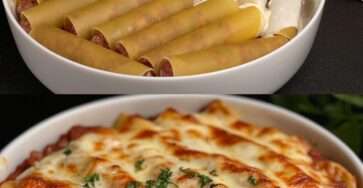Étapes de la recette de cannelloni au bœuf avec sauce mozzarella : enrobage de cannelloni crus et vue finale d’un gratin doré au fromage fondu, servi dans un plat blanc.