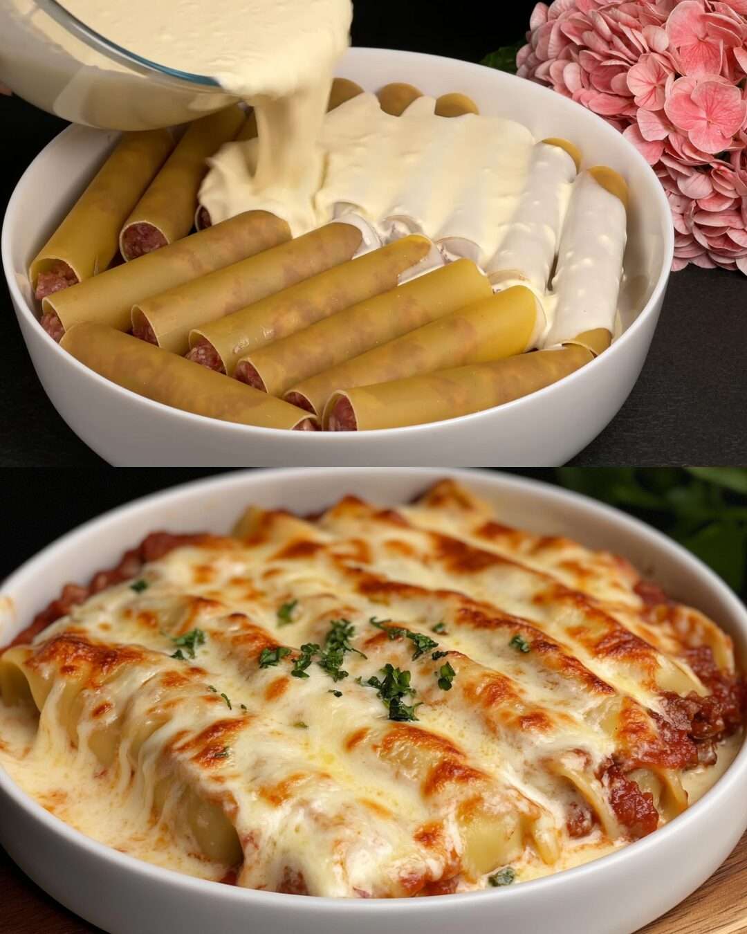 Étapes de la recette de cannelloni au bœuf avec sauce mozzarella : enrobage de cannelloni crus et vue finale d’un gratin doré au fromage fondu, servi dans un plat blanc.