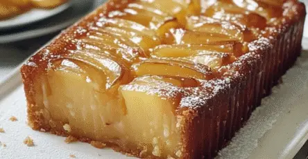 Gâteau aux pommes à tomber par terre, doré et moelleux, sur assiette