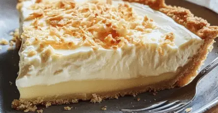 Tarte à la crème coco dorée et fondante servie sur une assiette blanche avec copeaux de noix de coco