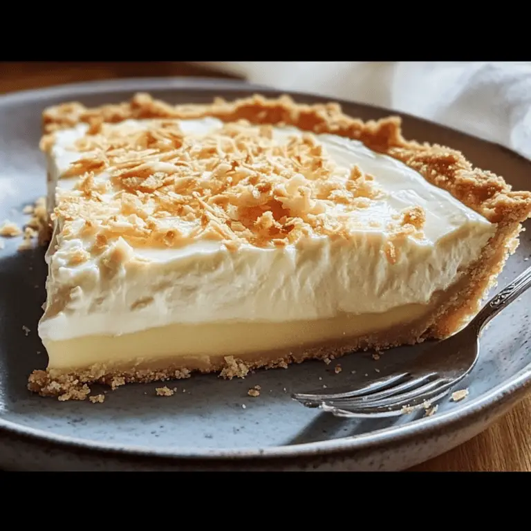 Tarte à la crème coco dorée et fondante servie sur une assiette blanche avec copeaux de noix de coco