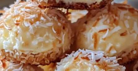 Gros plan sur des cookies cheesecake citron coco, texture fondante et crémeuse, garnis de noix de coco râpée dorée, dessert gourmand et rafraîchissant.