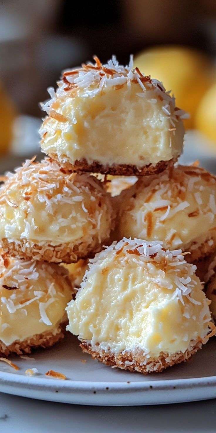 Gros plan sur des cookies cheesecake citron coco, texture fondante et crémeuse, garnis de noix de coco râpée dorée, dessert gourmand et rafraîchissant.