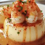 Panna cotta salée démoulée, servie avec des crevettes et une sauce parfumée, décorée de ciboulette et d’épices, idéale pour un repas gastronomique.