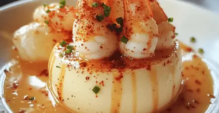 Panna cotta salée démoulée, servie avec des crevettes et une sauce parfumée, décorée de ciboulette et d’épices, idéale pour un repas gastronomique.