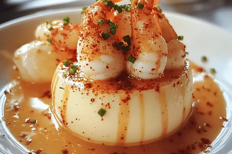 Panna cotta salée démoulée, servie avec des crevettes et une sauce parfumée, décorée de ciboulette et d’épices, idéale pour un repas gastronomique.