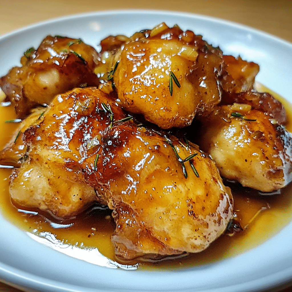 Assiette de poulet au miel et à l’ail nappée de sauce brillante avec graines de sésame et persil frais