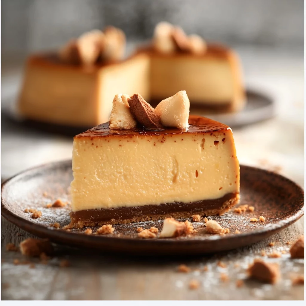 Part de flan pâtissier vanille praliné noisette sur assiette rustique, texture fondante et crémeuse, décorée de noisettes concassées