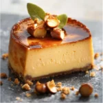 Flan pâtissier vanille praliné noisette entier, glaçage brillant, décor de noisettes caramélisées et feuille de sauge, dessert de pâtisserie maison.