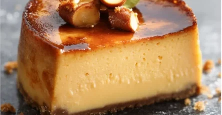Flan pâtissier vanille praliné noisette entier, glaçage brillant, décor de noisettes caramélisées et feuille de sauge, dessert de pâtisserie maison.