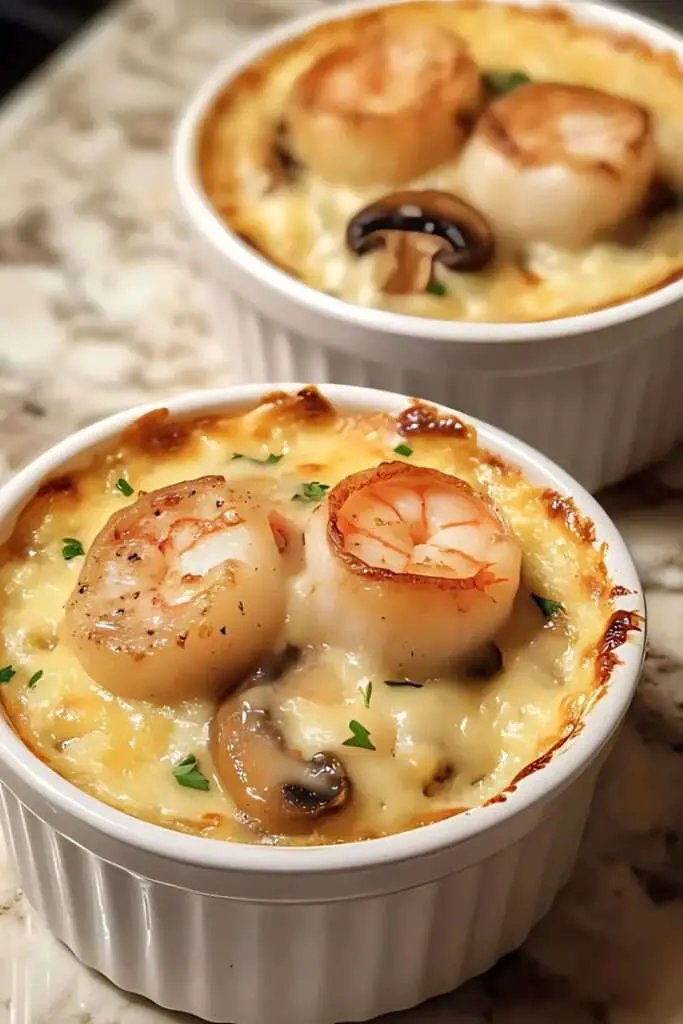 cassolette de Saint-Jacques aux crevettes servie en porcelaine
