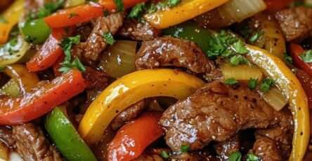 Poêlée de lanières de bœuf et de poivrons rouges, jaunes et verts, accompagnée d’oignon émincé, servie dans une grande poêle noire sur une table en bois rustique.