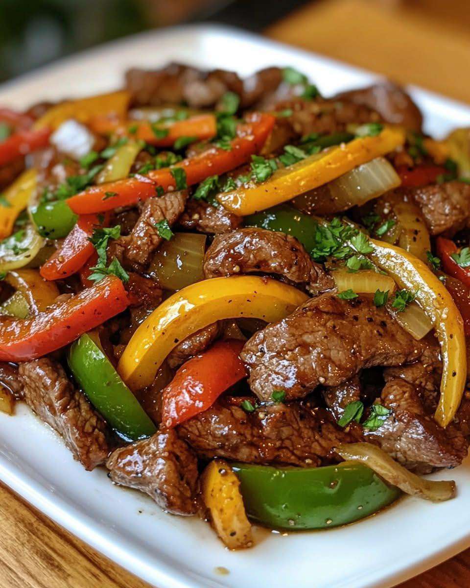 Poêlée de lanières de bœuf et de poivrons rouges, jaunes et verts, accompagnée d’oignon émincé, servie dans une grande poêle noire sur une table en bois rustique.