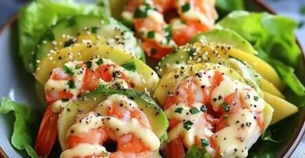 Coupelles de laitue garnies de crevettes, avocat, concombre et tomate, nappées de sauce cocktail, présentées sur un plat coloré.