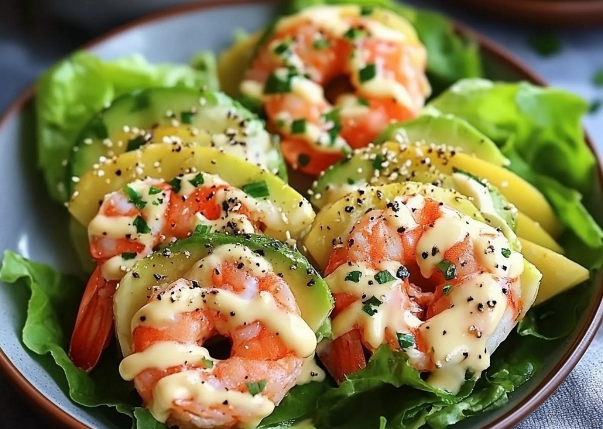 Coupelles de laitue garnies de crevettes, avocat, concombre et tomate, nappées de sauce cocktail, présentées sur un plat coloré.
