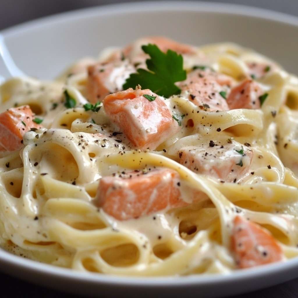 assiette de pâtes au saumon et à la crème onctueuse