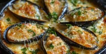 gratin de moules à l’ail et au persil doré au four