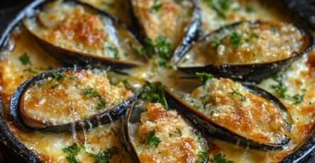 gratin de moules à l’ail et au persil doré au four