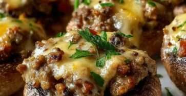 Champignons de Paris farcis à la viande, gratinés au fromage, servis chauds sur assiette, parsemés de persil frais.