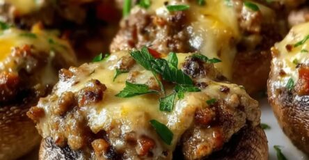 Champignons de Paris farcis à la viande, gratinés au fromage, servis chauds sur assiette, parsemés de persil frais.