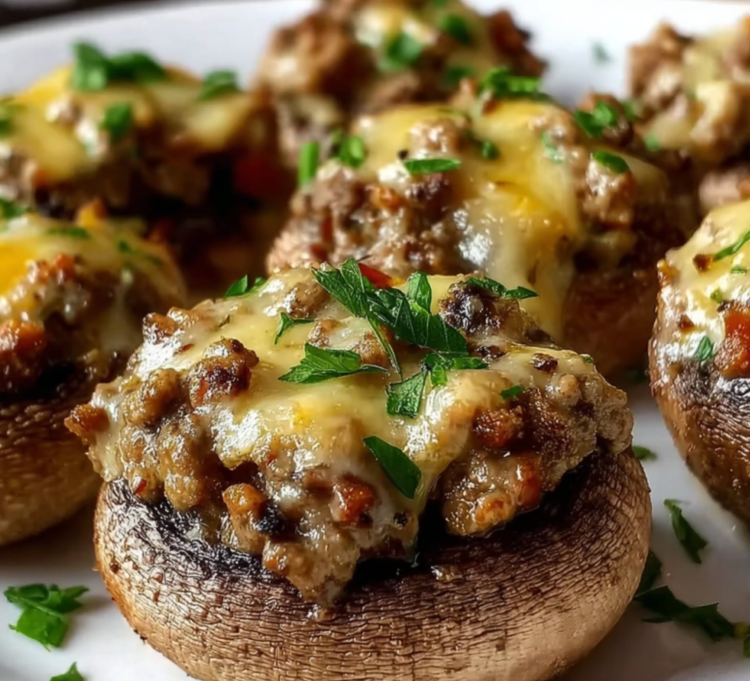 Champignons de Paris farcis à la viande, gratinés au fromage, servis chauds sur assiette, parsemés de persil frais.