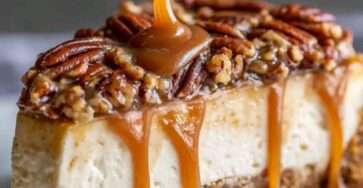 Cheesecake crémeux garni de noix de pécan grillées et nappé de caramel doré, servi sur une base biscuitée croustillante.