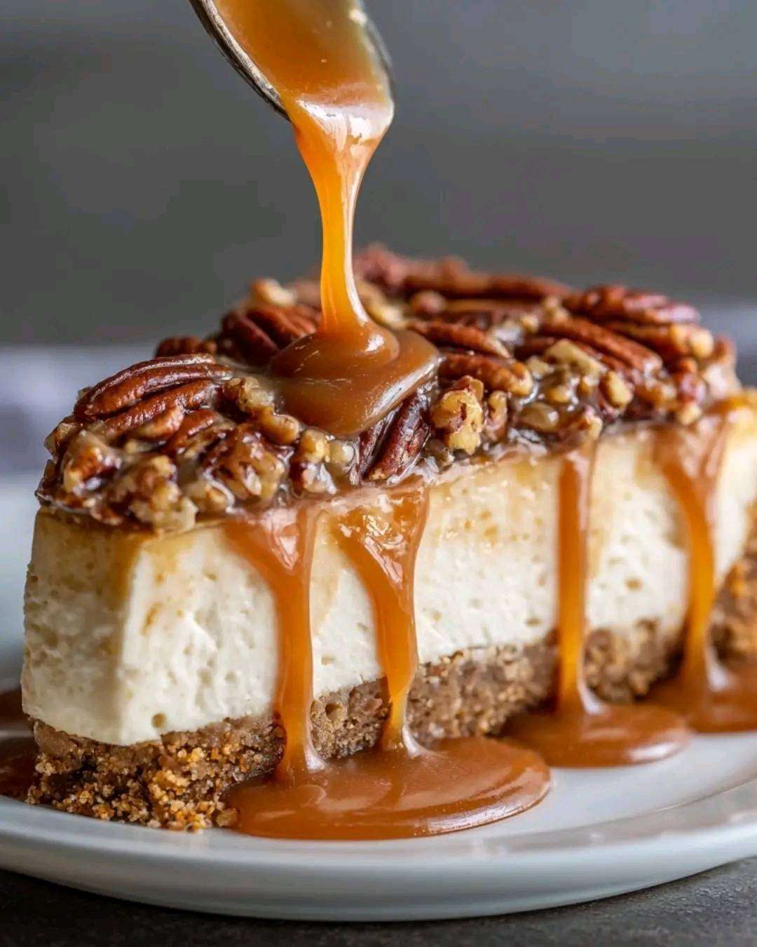 Cheesecake crémeux garni de noix de pécan grillées et nappé de caramel doré, servi sur une base biscuitée croustillante.