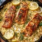 saumon poêlé sur orzo crémeux au citron servi chaud