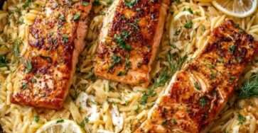 saumon poêlé sur orzo crémeux au citron servi chaud