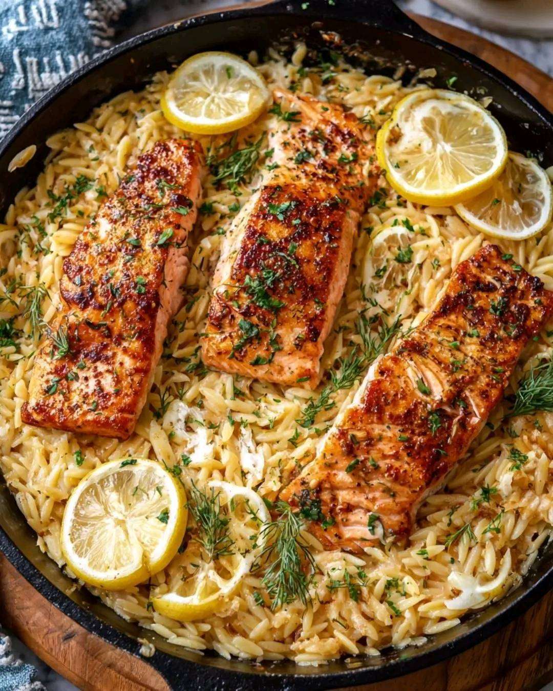 saumon poêlé sur orzo crémeux au citron servi chaud