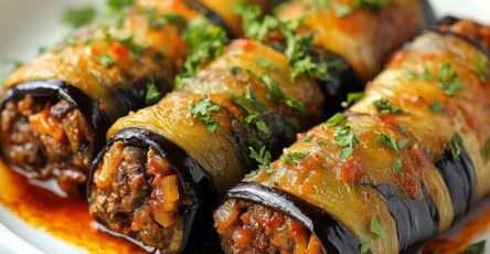 Rouleaux d’aubergines dorées farcis au bœuf épicé, nappés de sauce tomate, parsemés de feta et d’herbes fraîches, présentés dans un plat à gratin.