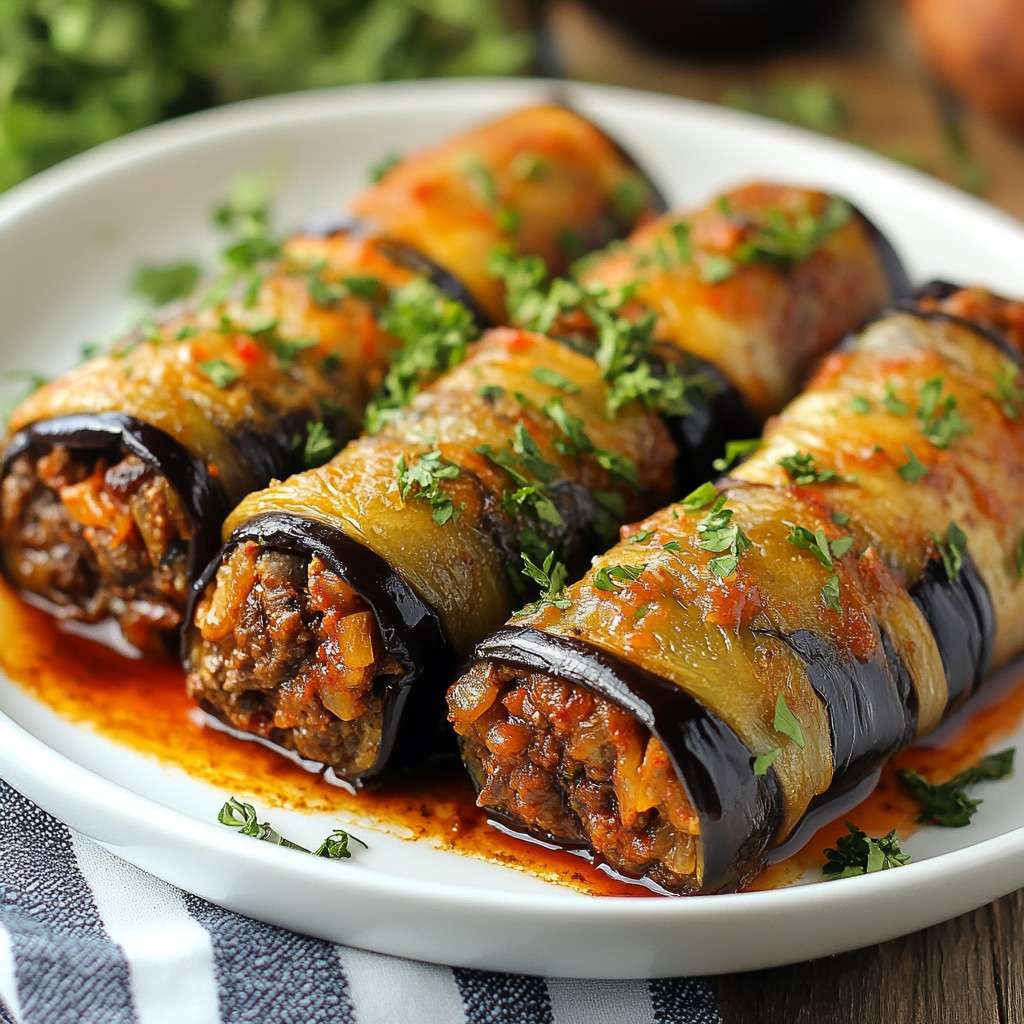 Rouleaux d’aubergines dorées farcis au bœuf épicé, nappés de sauce tomate, parsemés de feta et d’herbes fraîches, présentés dans un plat à gratin.