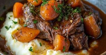 Assiette généreuse de rôti braisé effiloché, nappé de sauce aux légumes, sur lit de purée de pommes de terre, décorée de thym frais.