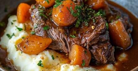 Assiette généreuse de rôti braisé effiloché, nappé de sauce aux légumes, sur lit de purée de pommes de terre, décorée de thym frais.