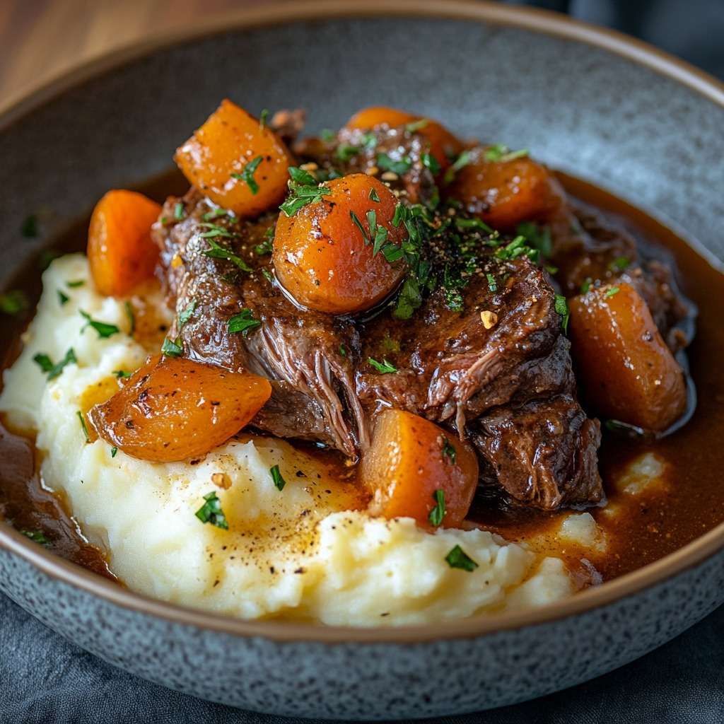 Assiette généreuse de rôti braisé effiloché, nappé de sauce aux légumes, sur lit de purée de pommes de terre, décorée de thym frais.