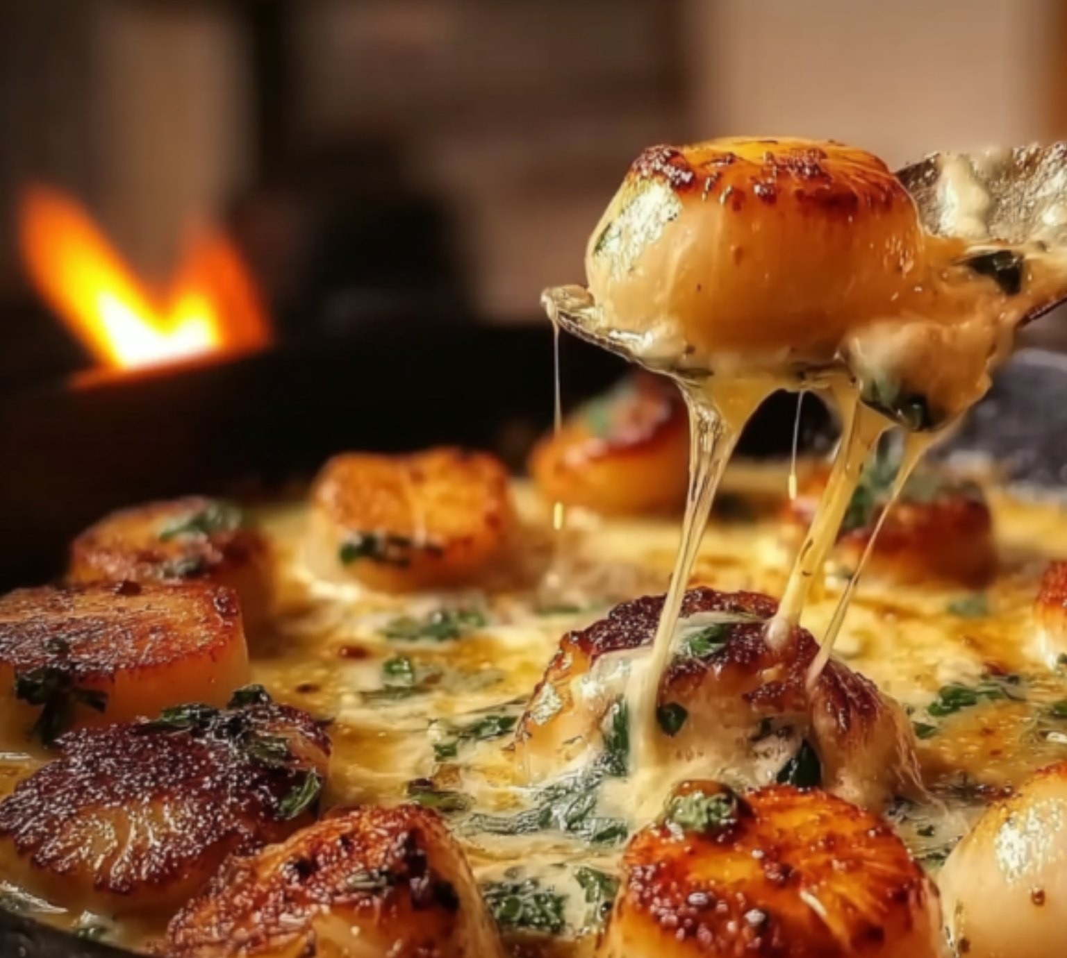 Assiette élégante avec fondue de poireaux crémeuse, noix de Saint-Jacques dorées, crème nappée, piment d’Espelette et fleur de sel.