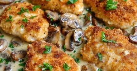 Poulet croustillant doré sauce parmesan et champignons – Escalopes panées dorées, sauce crémeuse aux champignons et parmesan, persil frais, assiette gourmande.
