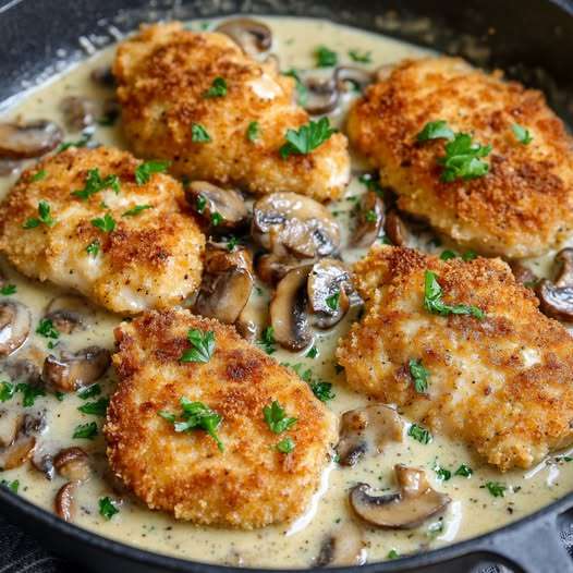 Poulet croustillant doré sauce parmesan et champignons – Escalopes panées dorées, sauce crémeuse aux champignons et parmesan, persil frais, assiette gourmande.