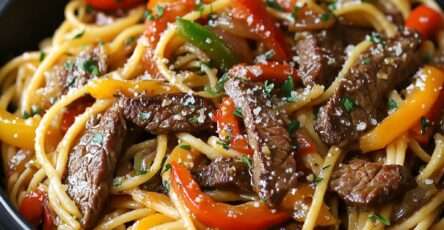 Assiette de pâtes penne avec lanières de steak grillé, poivrons rouges et verts, oignons et sauce crémeuse, parsemée de parmesan et de persil frais.