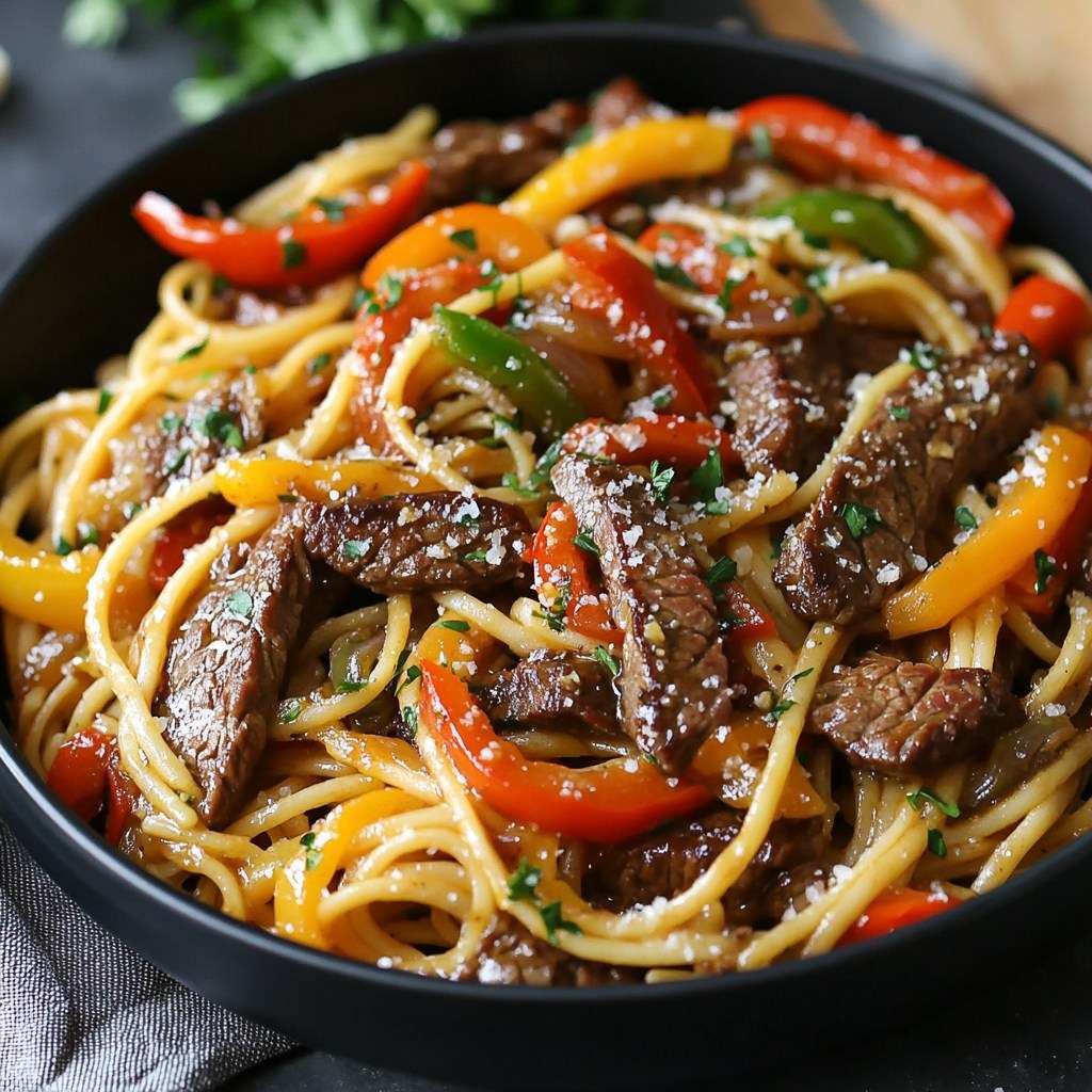 Assiette de pâtes penne avec lanières de steak grillé, poivrons rouges et verts, oignons et sauce crémeuse, parsemée de parmesan et de persil frais.