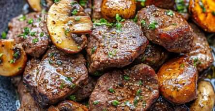 Bouchées de steak nappées de sauce crémeuse aux champignons, parsemées de persil frais, servies dans une grande poêle noire.
