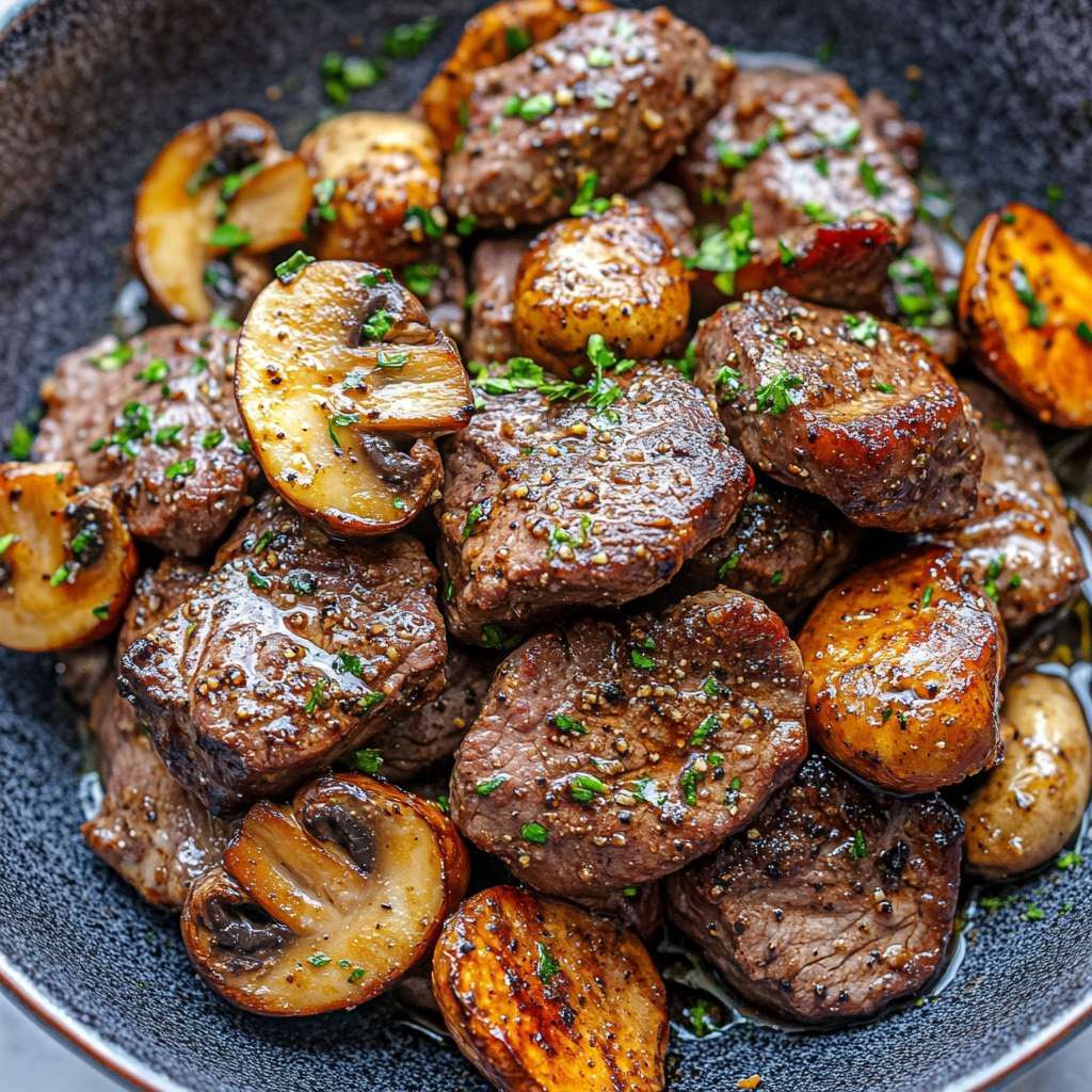 Bouchées de steak nappées de sauce crémeuse aux champignons, parsemées de persil frais, servies dans une grande poêle noire.