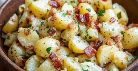 Salade de pommes de terre au bacon et à l’ail – Rondelles de pommes de terre tièdes, lardons croustillants, persil frais, ail doré et vinaigrette maison.
