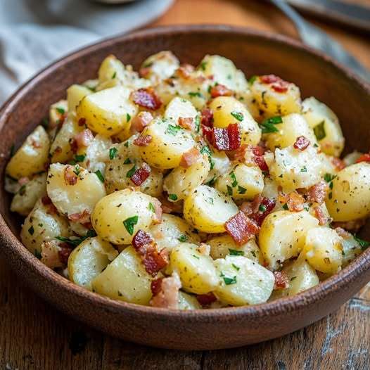 Salade de pommes de terre au bacon et à l’ail – Rondelles de pommes de terre tièdes, lardons croustillants, persil frais, ail doré et vinaigrette maison.