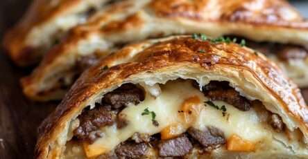 Calzones bœuf et cheddar – Pâte dorée, garniture généreuse au bœuf haché, cheddar fondant, sauce tomate, épices, apéritif ou dîner convivial.